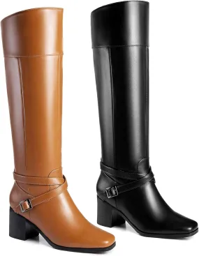 ANN CREEK 'Jumas' Women's Knee-high Square Toe Block Heel Crisscross Buckle Straps Cowboy Riding Boots