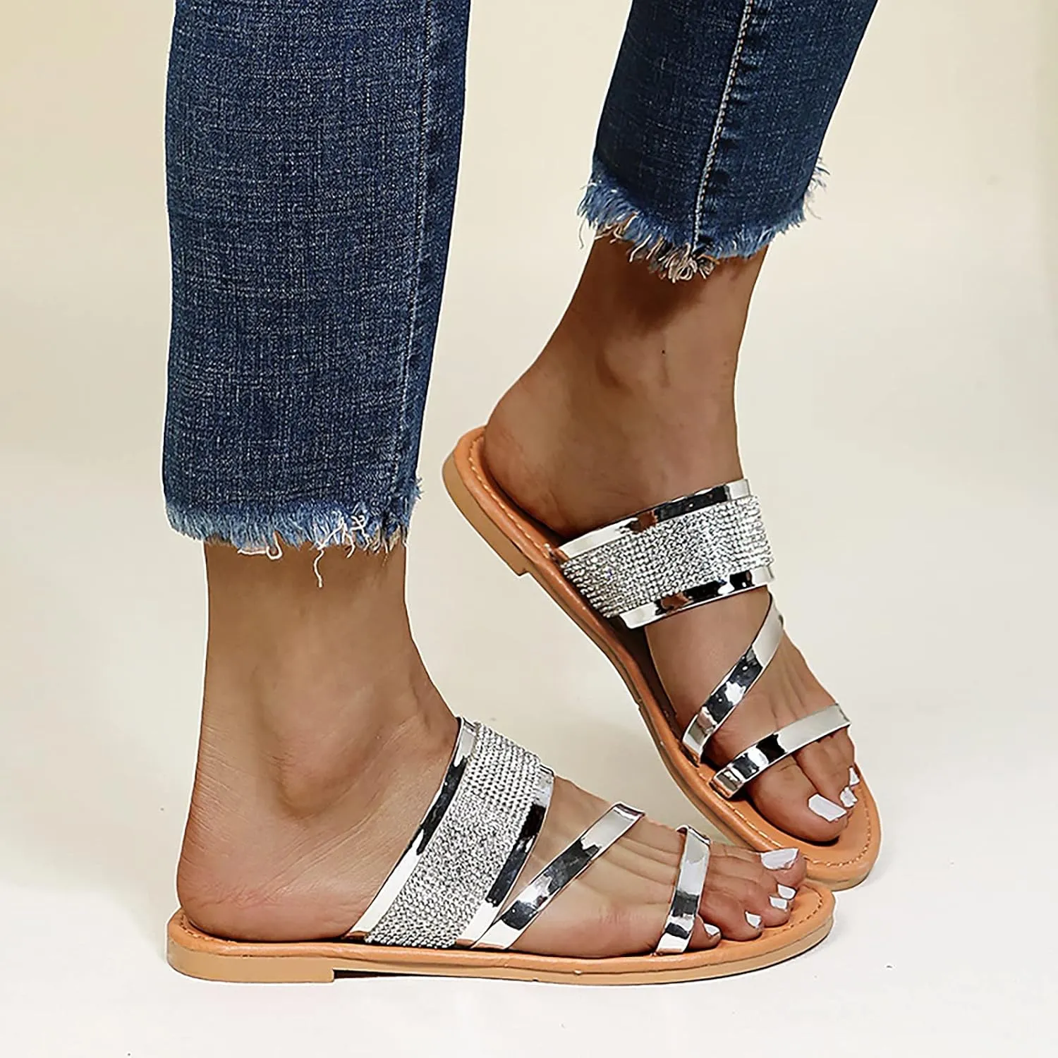 Beach Sandals for Women Roman Slip on Ring Toe Flip Flop Breathable Pluse Size for Women Summer Wedding
