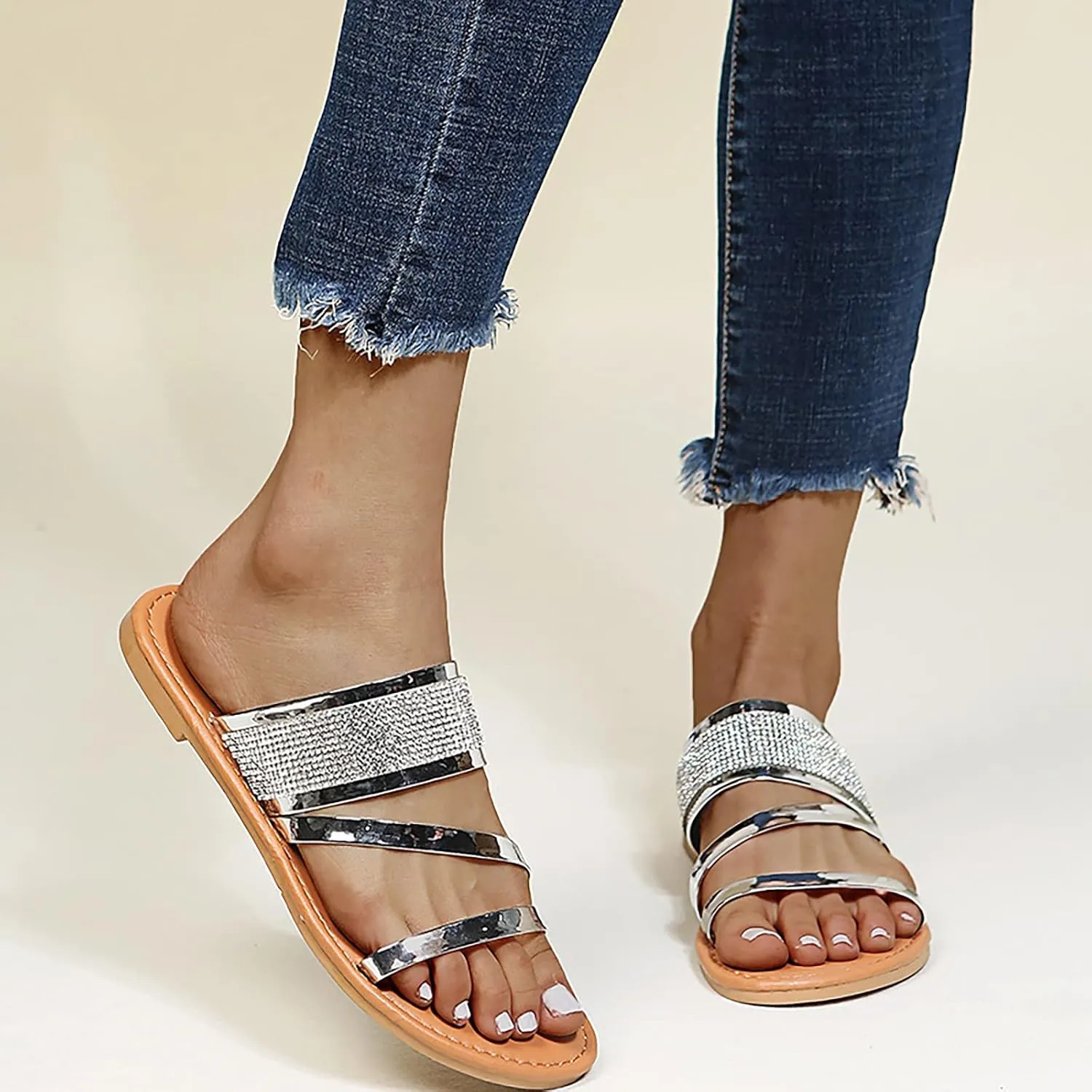 Beach Sandals for Women Roman Slip on Ring Toe Flip Flop Breathable Pluse Size for Women Summer Wedding