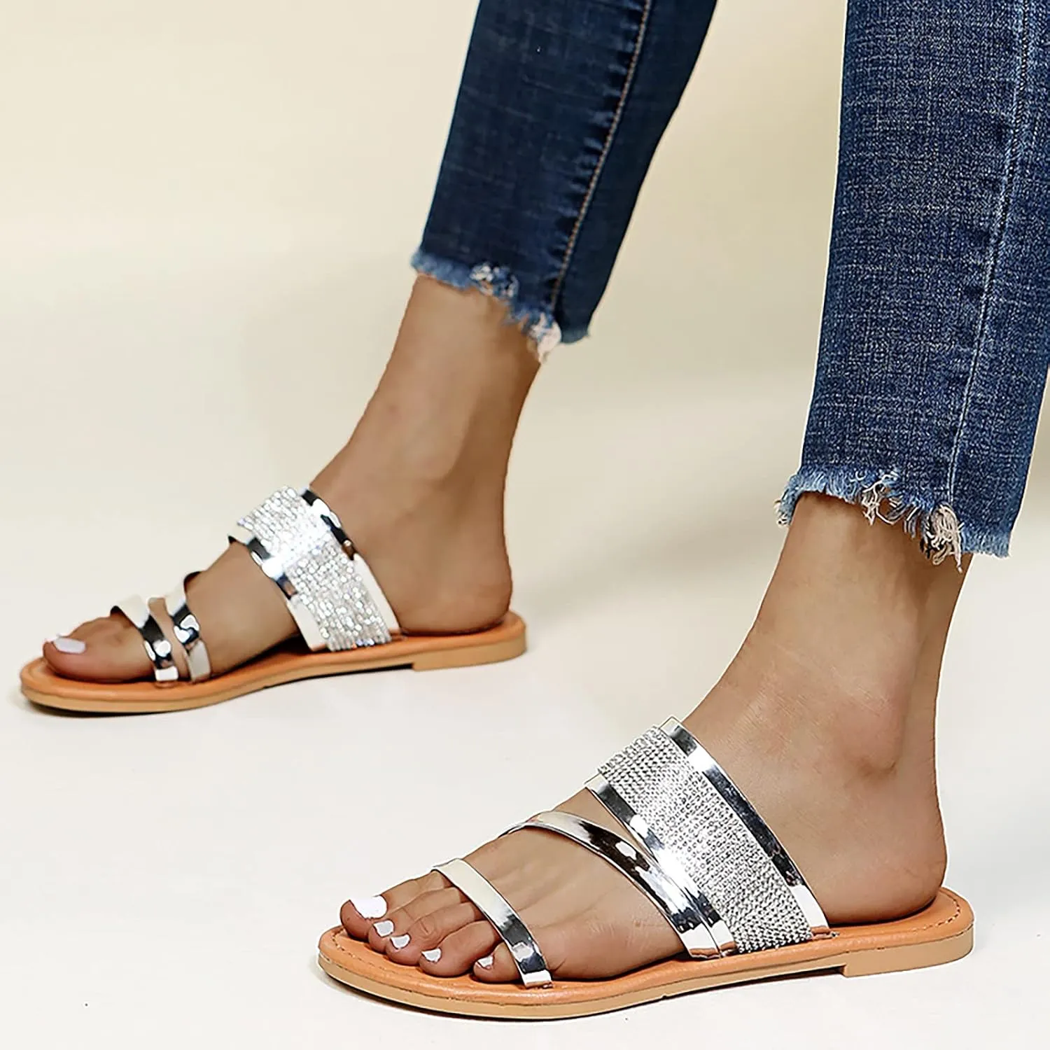 Beach Sandals for Women Roman Slip on Ring Toe Flip Flop Breathable Pluse Size for Women Summer Wedding