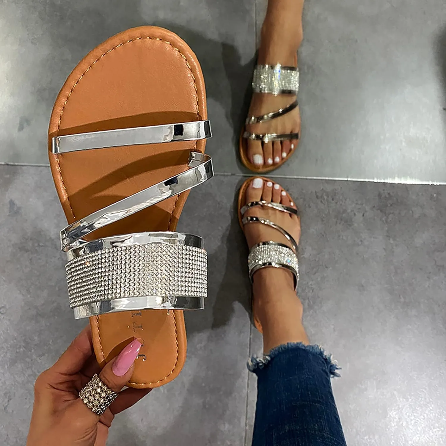 Beach Sandals for Women Roman Slip on Ring Toe Flip Flop Breathable Pluse Size for Women Summer Wedding