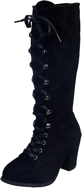 Boots For Women Retro Vintage Lace-Up Thigh High Boots Suede Low Chunky Heels Knee High Long Boots