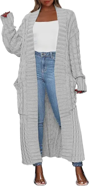 Caracilia Womens Long Cardigan Sweaters 2025 Fall Open Front Coat Long Sleeve Cable Knit Maxi Outerwear Trendy Jacket Clothes