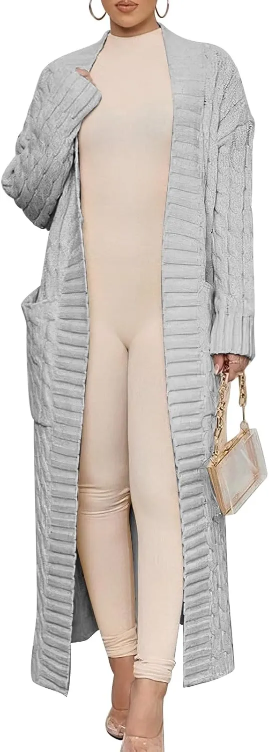 Caracilia Womens Long Cardigan Sweaters 2025 Fall Open Front Coat Long Sleeve Cable Knit Maxi Outerwear Trendy Jacket Clothes