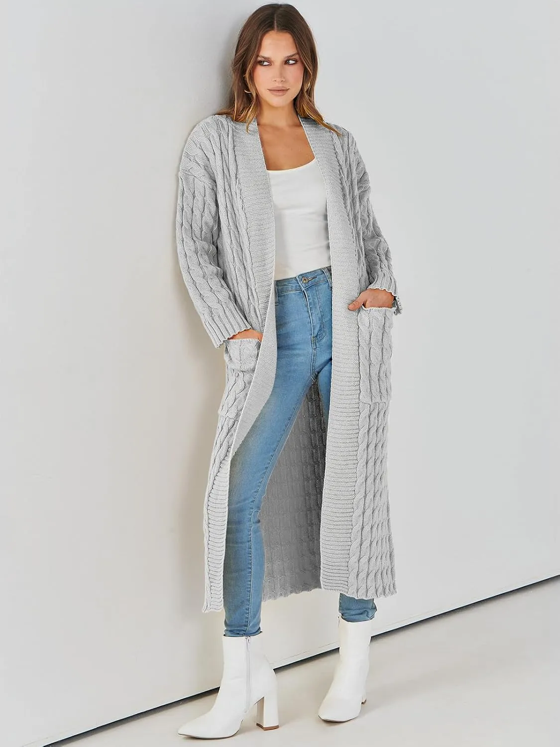 Caracilia Womens Long Cardigan Sweaters 2025 Fall Open Front Coat Long Sleeve Cable Knit Maxi Outerwear Trendy Jacket Clothes