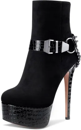 Castamere Womens High Heel Platform Ankle Boot Stiletto Heels Rivet Dress Boots with Zipper Round Toe 6 Inch Heels
