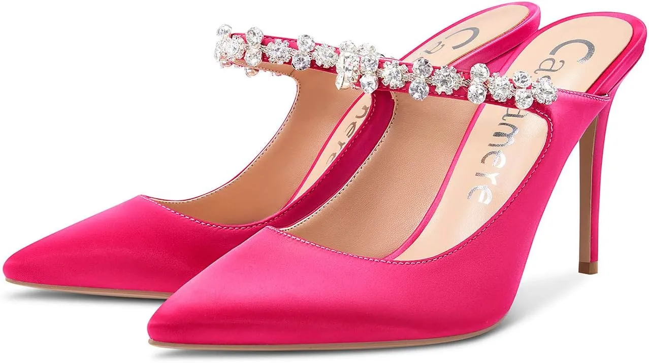 Castamere Womens Slingback Slip On High Heels Pumps Rhinestones Strappy Pointy Toe 10CM Heel Sandals