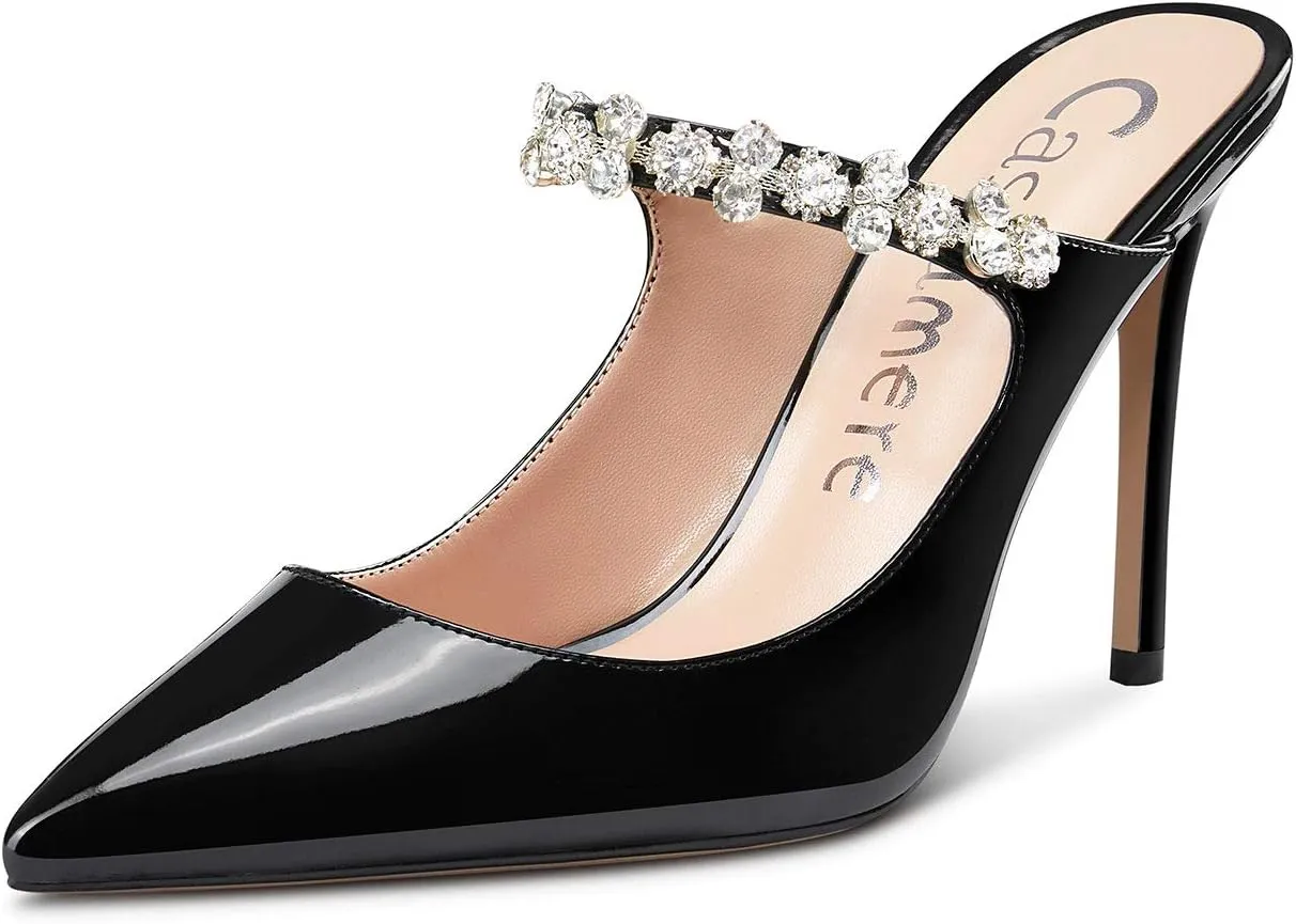 Castamere Womens Slingback Slip On High Heels Pumps Rhinestones Strappy Pointy Toe 10CM Heel Sandals