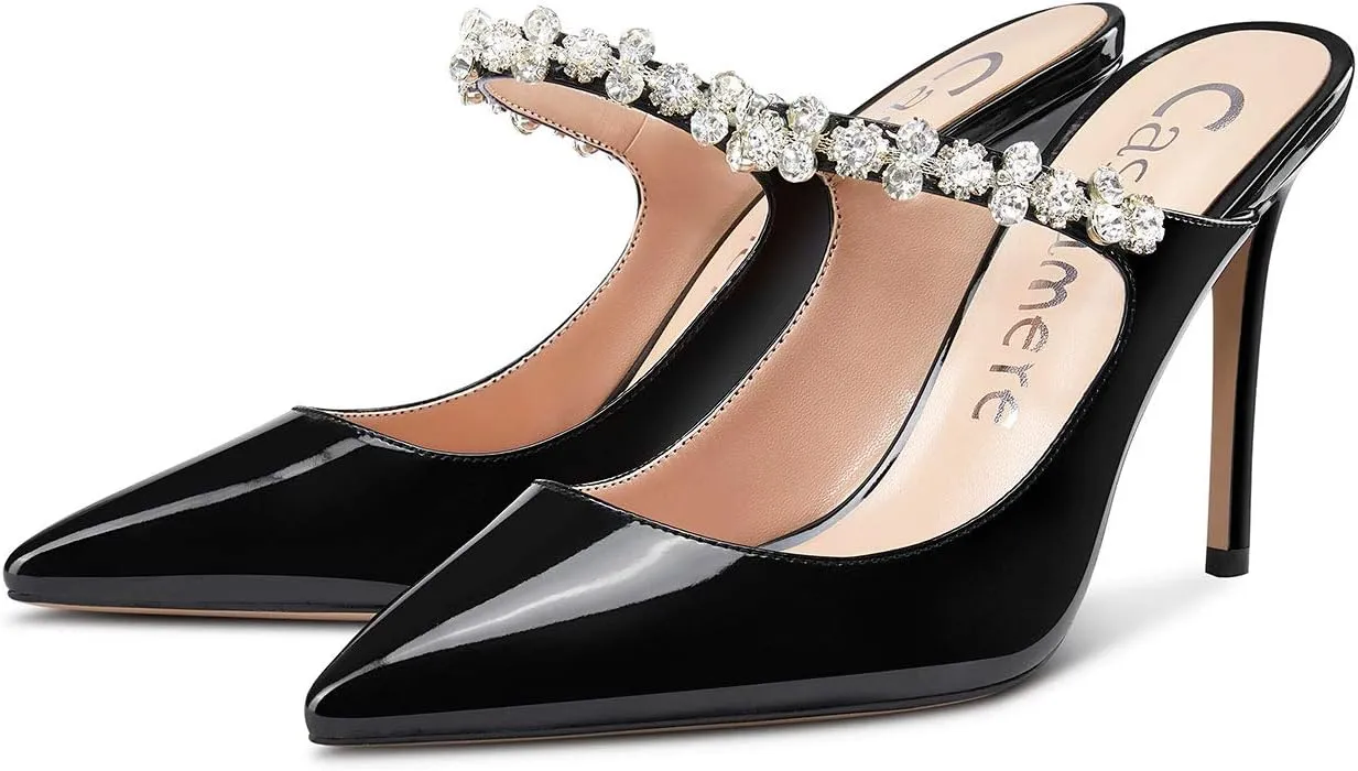 Castamere Womens Slingback Slip On High Heels Pumps Rhinestones Strappy Pointy Toe 10CM Heel Sandals