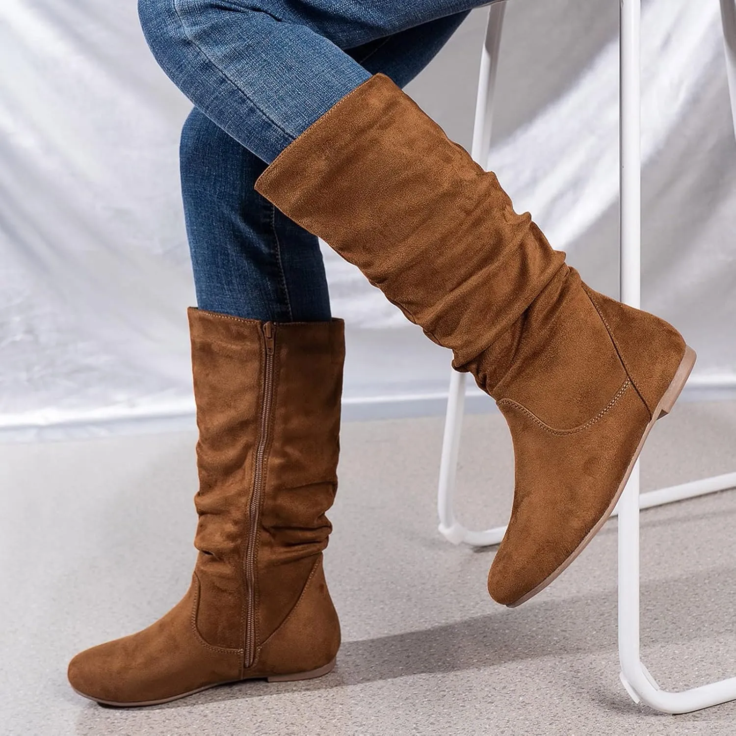 Combat Boots Womens Retro Side Zipper Flats Thigh High Boots Pleated Suede Knee High Boots Fall Long Bootie