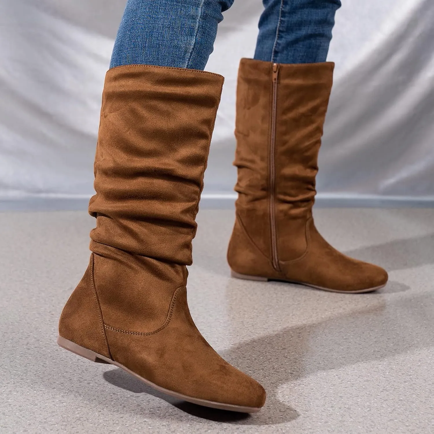 Combat Boots Womens Retro Side Zipper Flats Thigh High Boots Pleated Suede Knee High Boots Fall Long Bootie