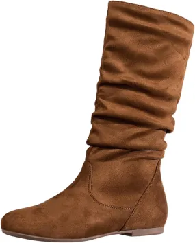 Combat Boots Womens Retro Side Zipper Flats Thigh High Boots Pleated Suede Knee High Boots Fall Long Bootie