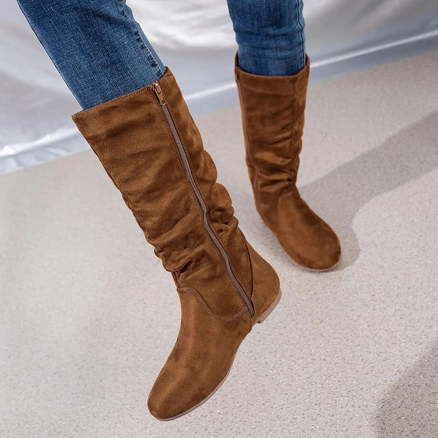 Combat Boots Womens Retro Side Zipper Flats Thigh High Boots Pleated Suede Knee High Boots Fall Long Bootie
