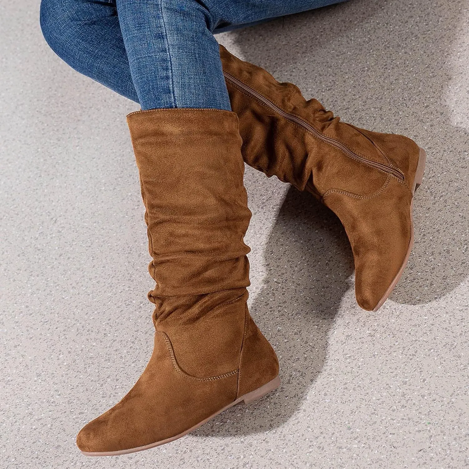 Combat Boots Womens Retro Side Zipper Flats Thigh High Boots Pleated Suede Knee High Boots Fall Long Bootie