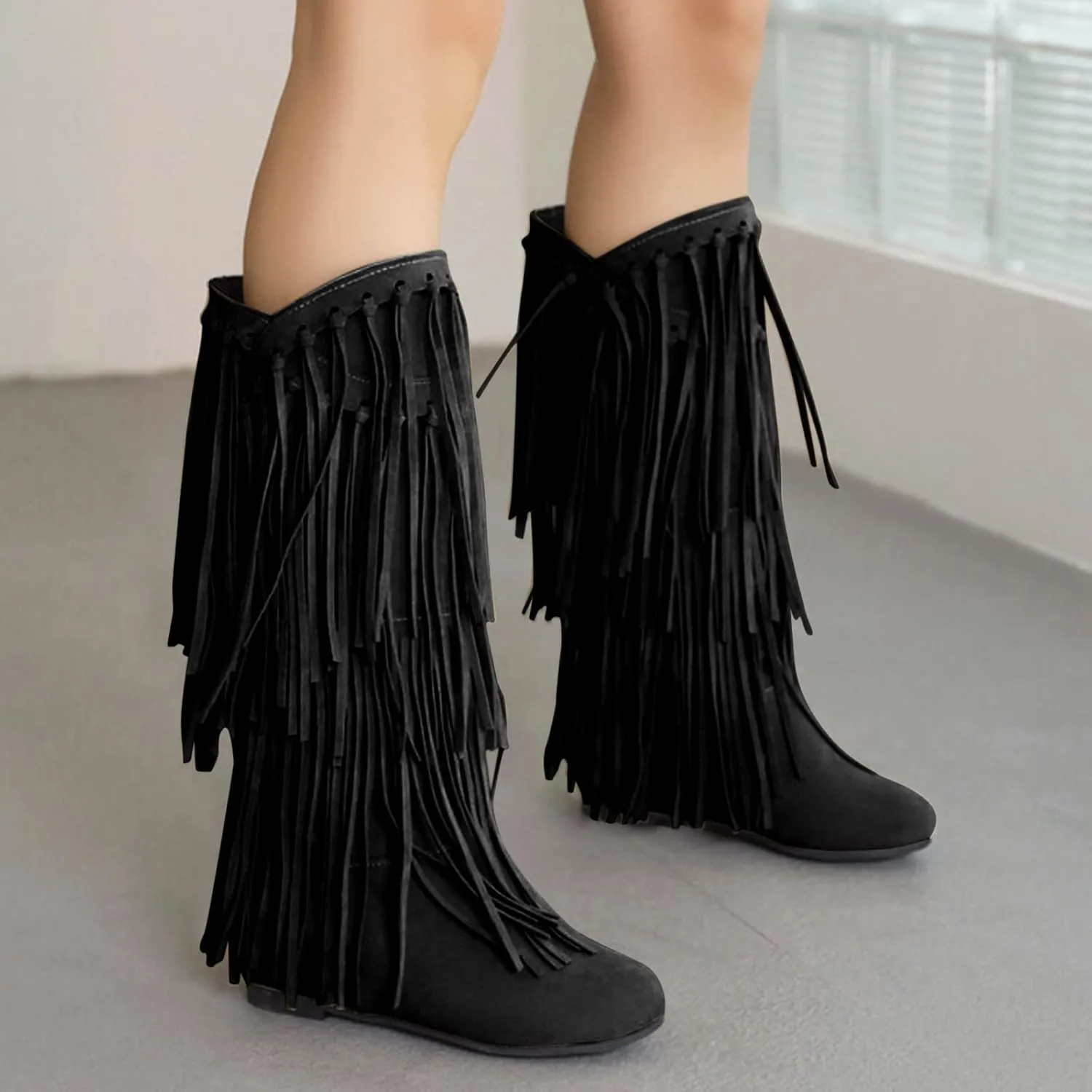 Combat Boots Womens Tassel Cowboys Thigh High Boots Suede Flat Knee High Boots Mid Calf Tall Long Bootie