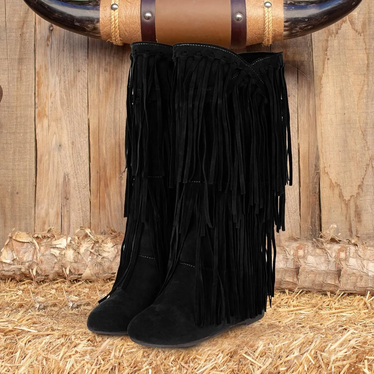 Combat Boots Womens Tassel Cowboys Thigh High Boots Suede Flat Knee High Boots Mid Calf Tall Long Bootie