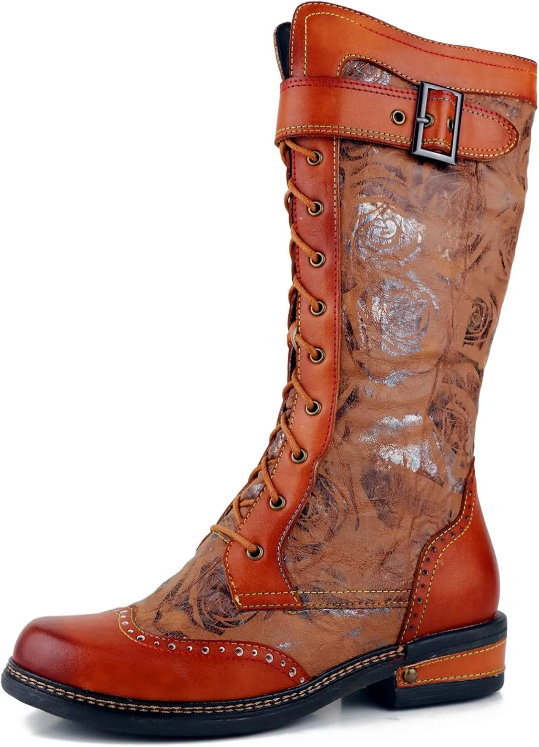 CrazycatZ Womens Leather Bohemian Knee High Boots Lace Up Patterned Long Boots