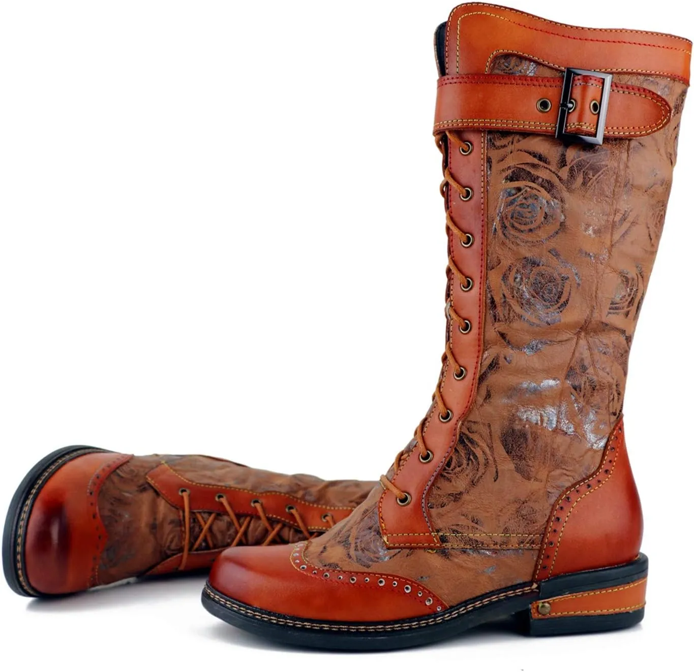 CrazycatZ Womens Leather Bohemian Knee High Boots Lace Up Patterned Long Boots