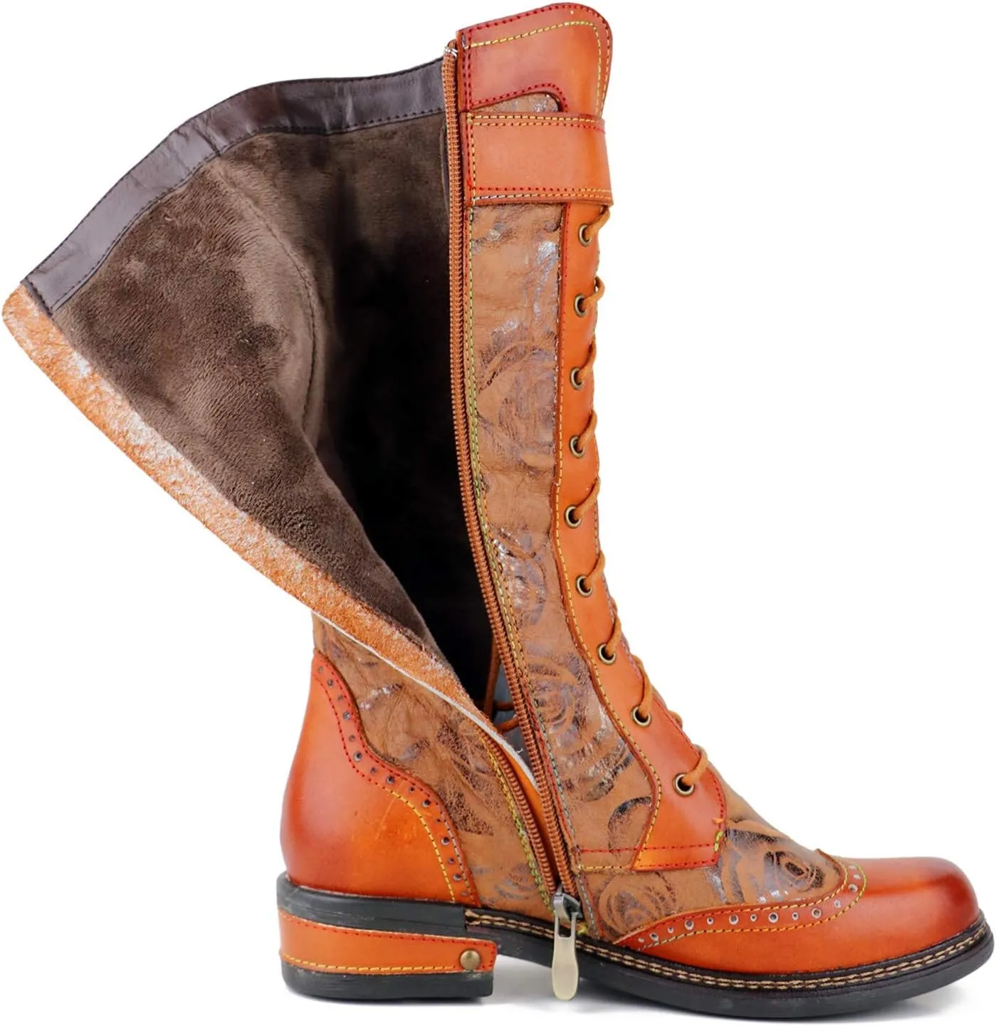 CrazycatZ Womens Leather Bohemian Knee High Boots Lace Up Patterned Long Boots