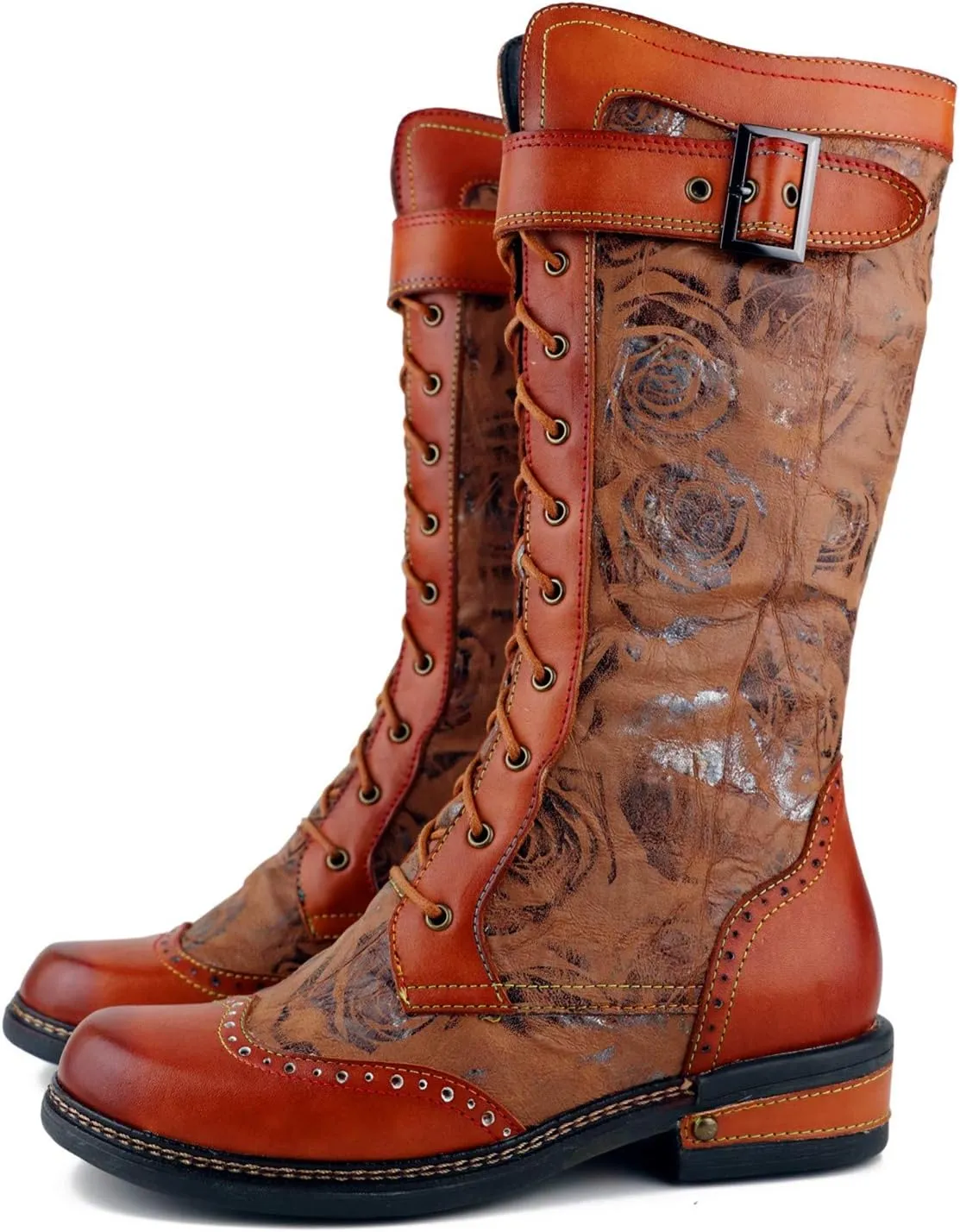 CrazycatZ Womens Leather Bohemian Knee High Boots Lace Up Patterned Long Boots