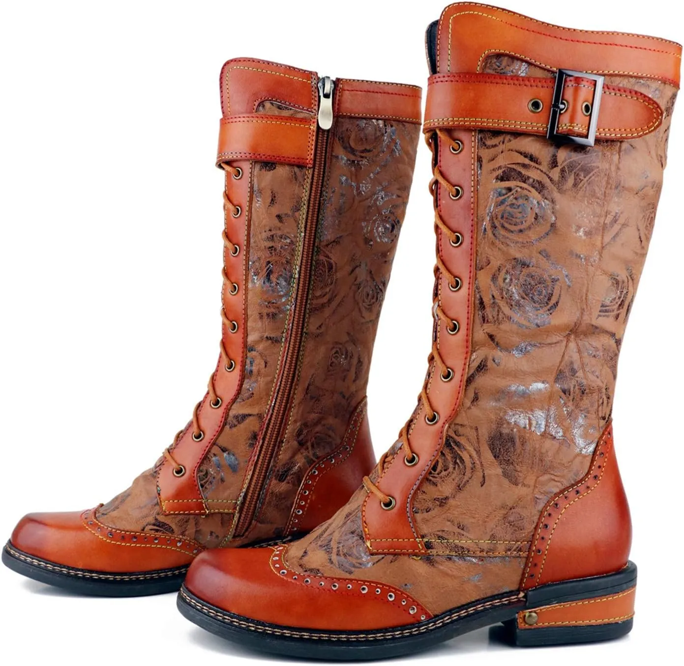 CrazycatZ Womens Leather Bohemian Knee High Boots Lace Up Patterned Long Boots
