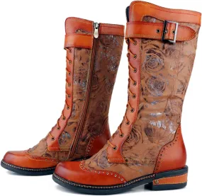 CrazycatZ Womens Leather Bohemian Knee High Boots Lace Up Patterned Long Boots
