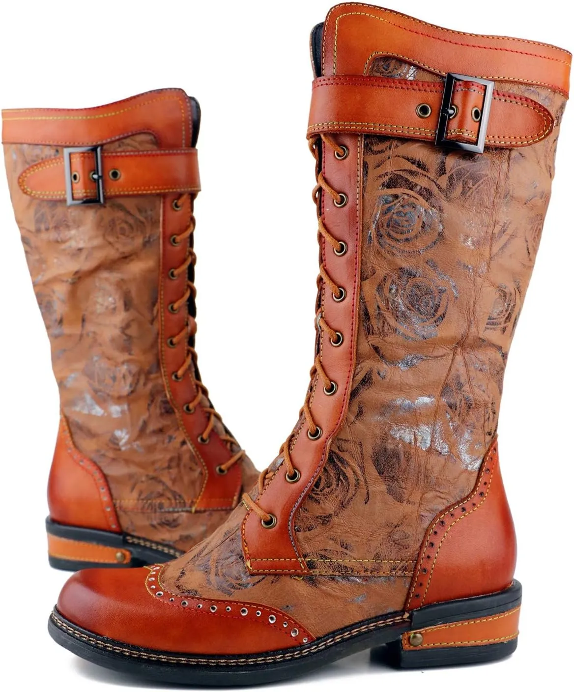 CrazycatZ Womens Leather Bohemian Knee High Boots Lace Up Patterned Long Boots