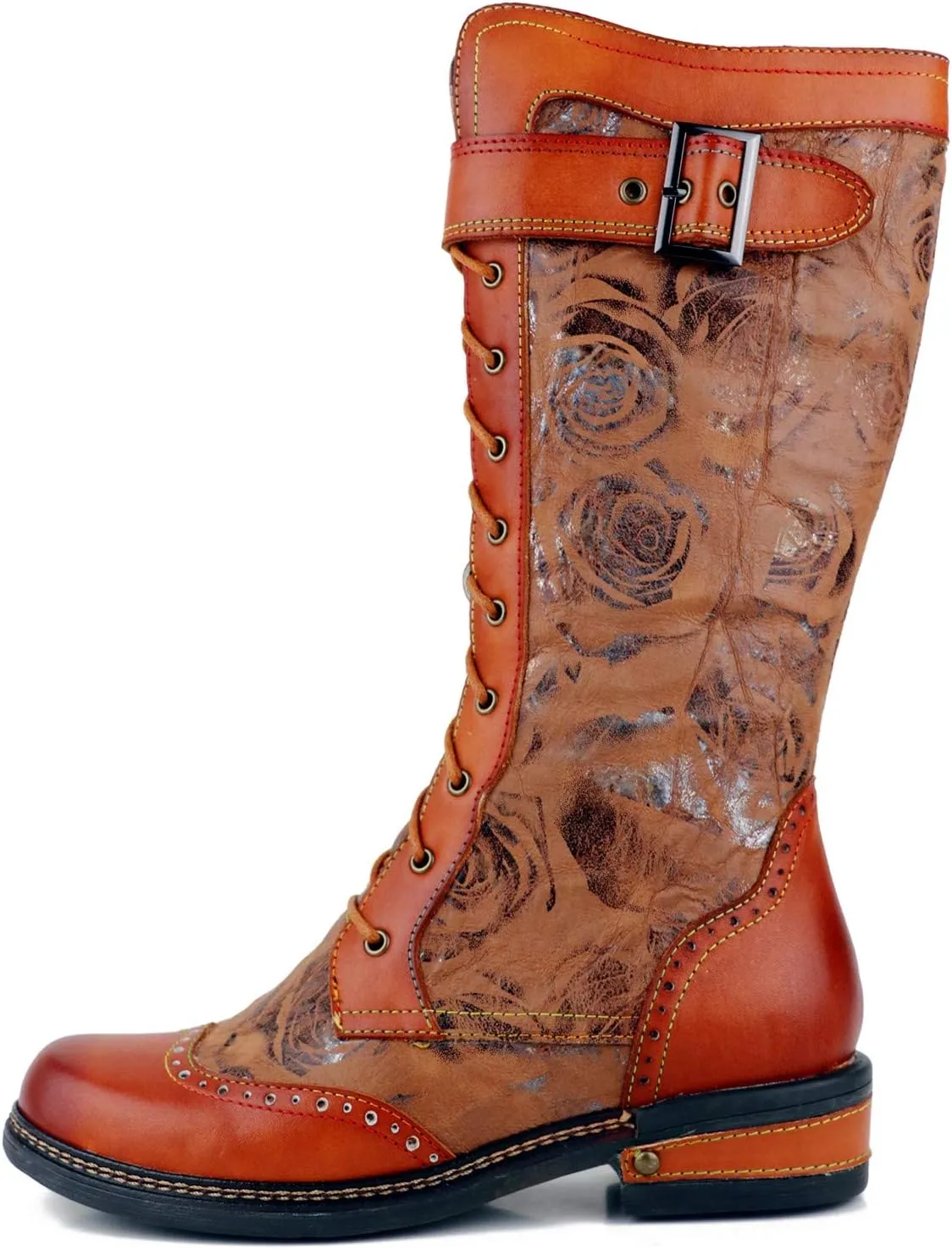 CrazycatZ Womens Leather Bohemian Knee High Boots Lace Up Patterned Long Boots