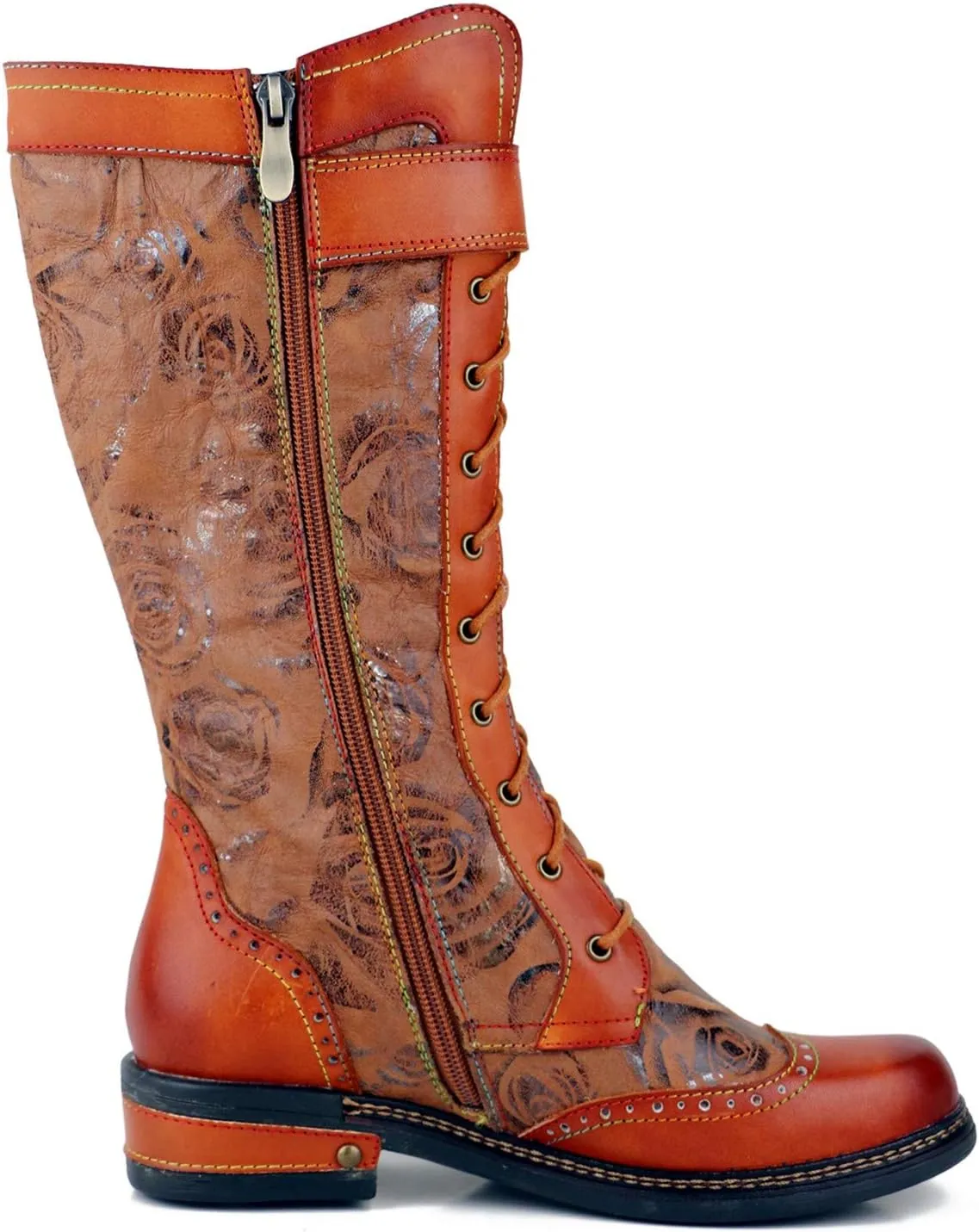 CrazycatZ Womens Leather Bohemian Knee High Boots Lace Up Patterned Long Boots