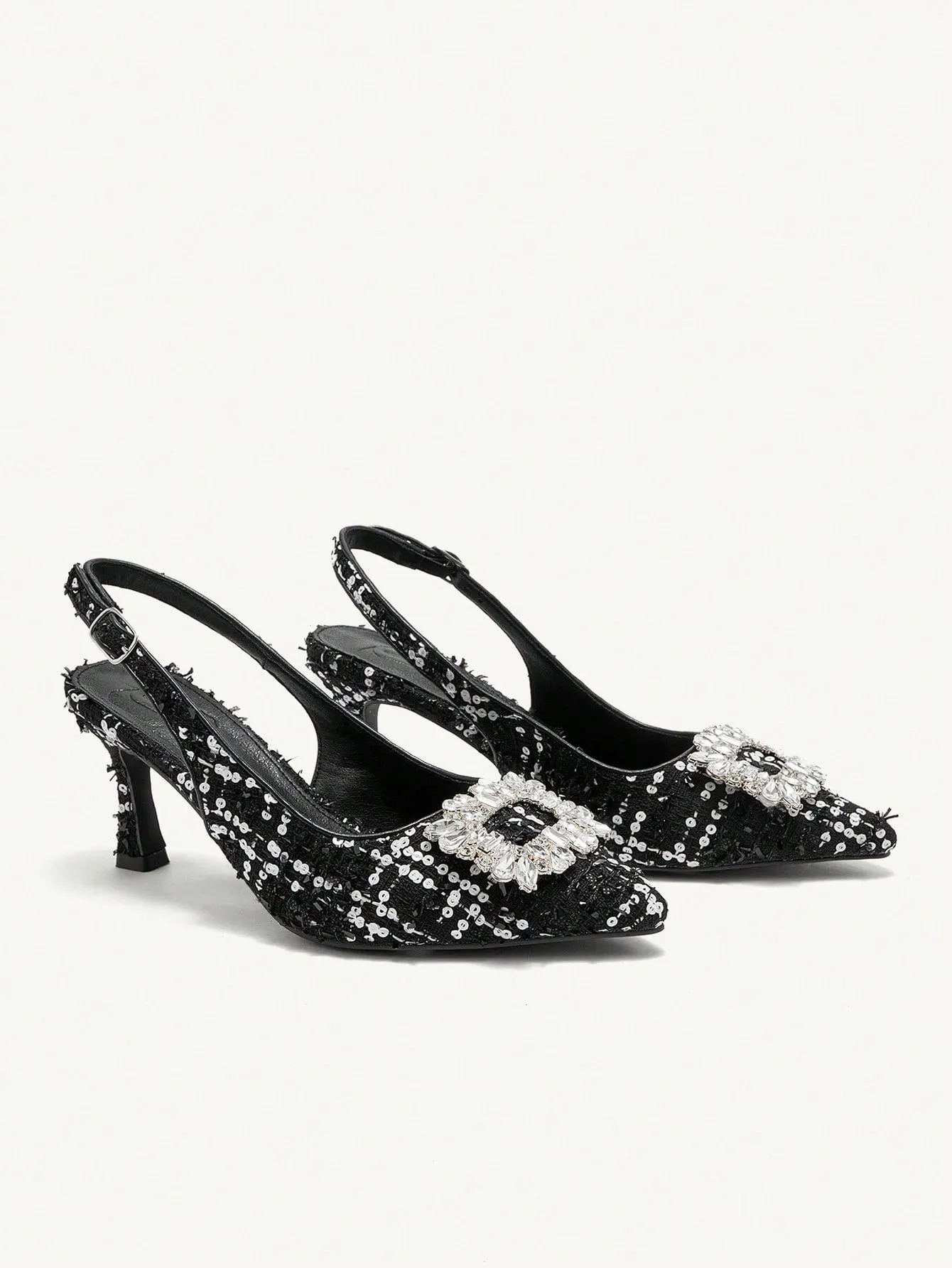CUCCOO CHICEST Fashionable Pointed Toe Stiletto Outdoor Shoes With Buckle, Black & White, For Women
