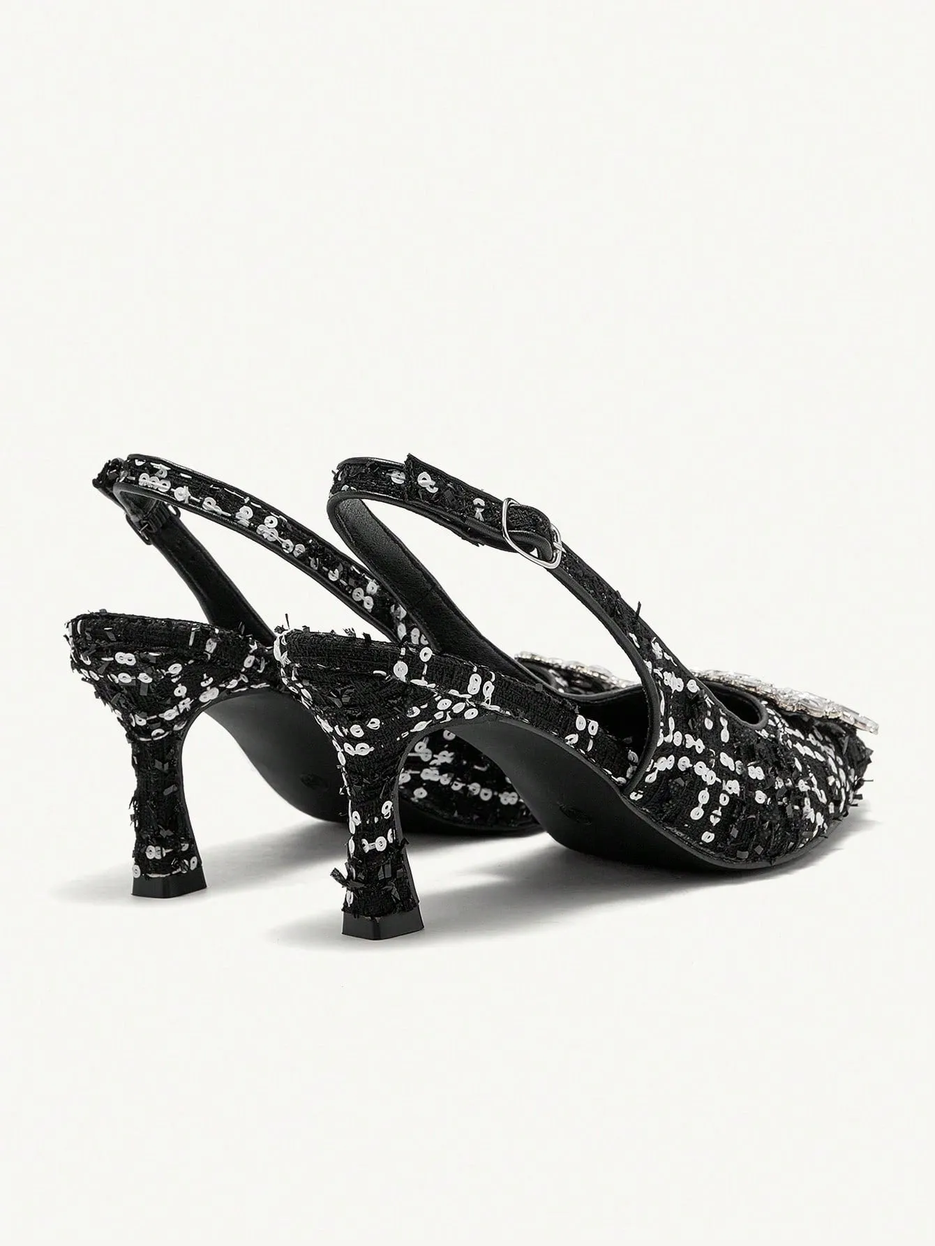 CUCCOO CHICEST Fashionable Pointed Toe Stiletto Outdoor Shoes With Buckle, Black & White, For Women
