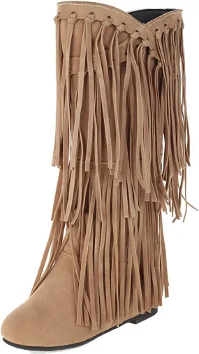 DINTAHA Fringe Suede Boots Flat Knee High Boots With Tassel Long Tall Pull On Boots