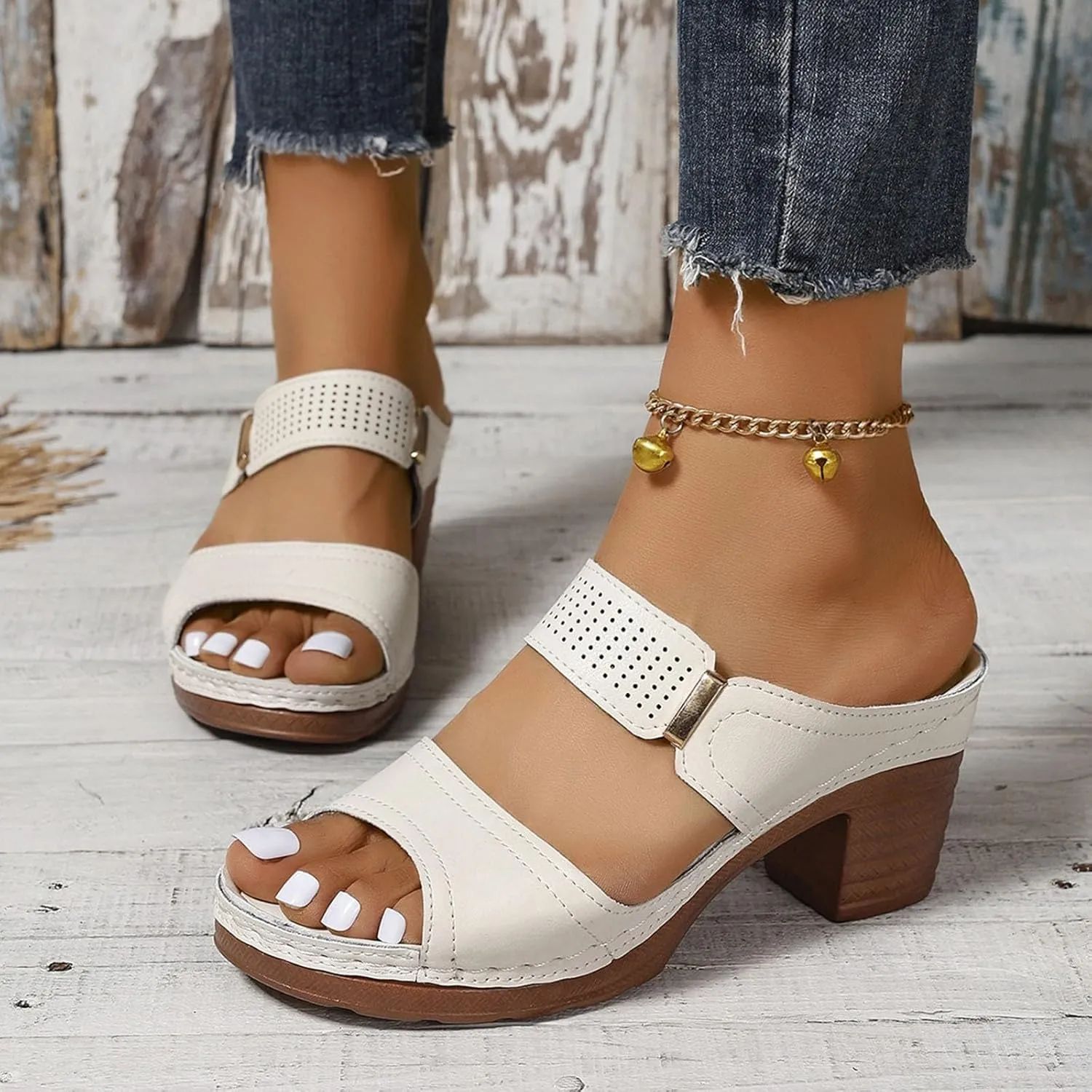 Dressy Strappy High 1 Heel Open Toe Sandals Hollow Solid Color Large Size Women's Slip On Slippers