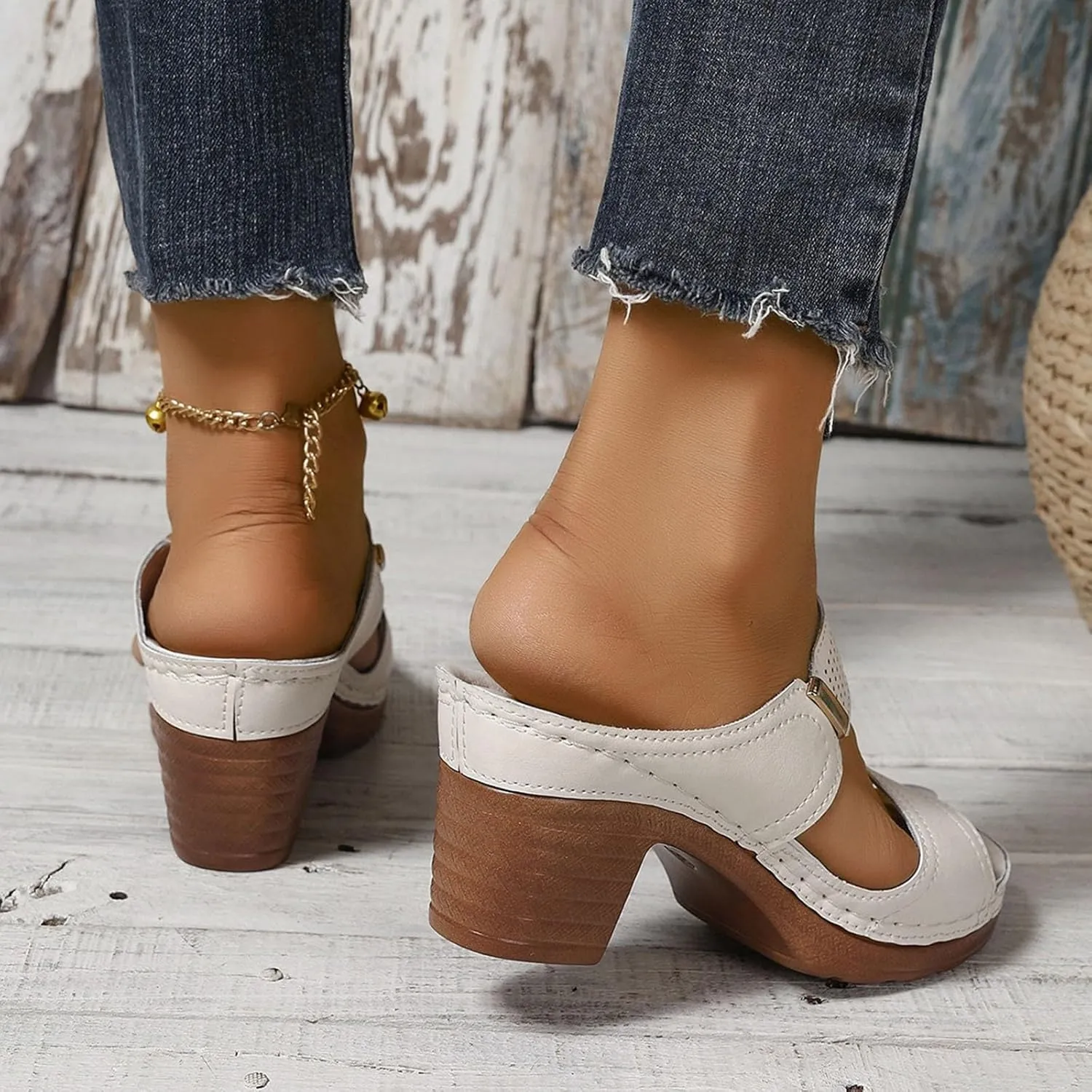 Dressy Strappy High 1 Heel Open Toe Sandals Hollow Solid Color Large Size Women's Slip On Slippers
