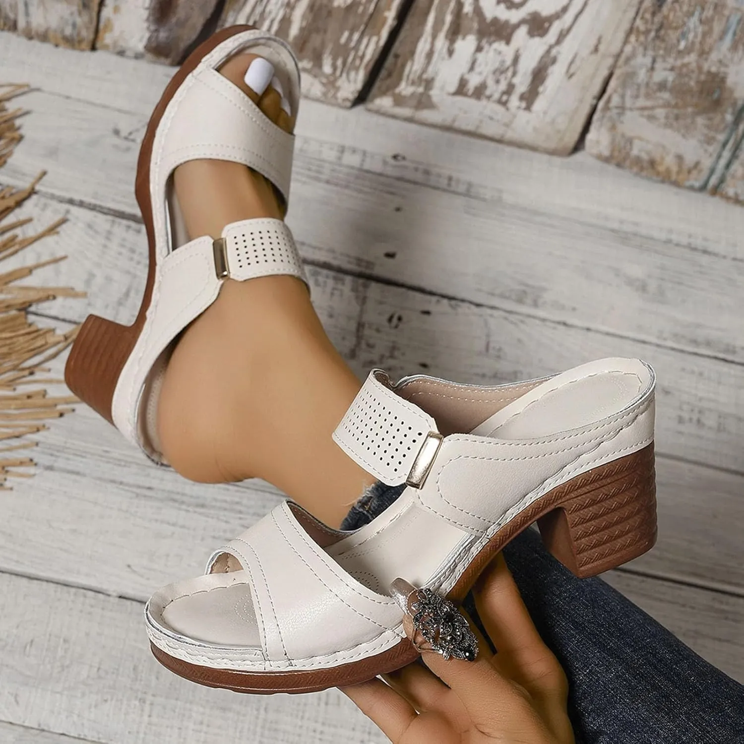 Dressy Strappy High 1 Heel Open Toe Sandals Hollow Solid Color Large Size Women's Slip On Slippers