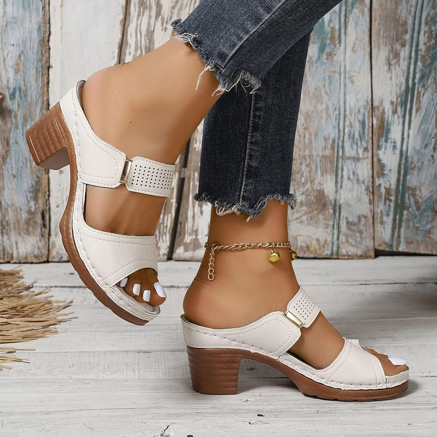 Dressy Strappy High 1 Heel Open Toe Sandals Hollow Solid Color Large Size Women's Slip On Slippers