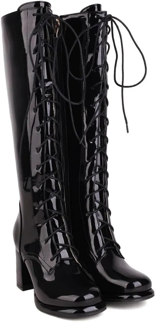Elbslutt Women's Lace Up Knee High Boots Wide Calf Patent Leather Chunky Heeled Combat Long Boots