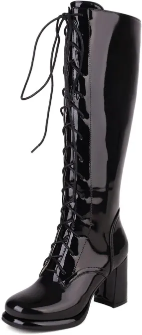 Elbslutt Women's Lace Up Knee High Boots Wide Calf Patent Leather Chunky Heeled Combat Long Boots