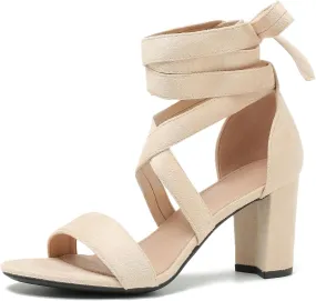 fereshte Women's Strappy Heels Lace Up Heels 3 Inch Chunky Block High Heel Dress Sandals