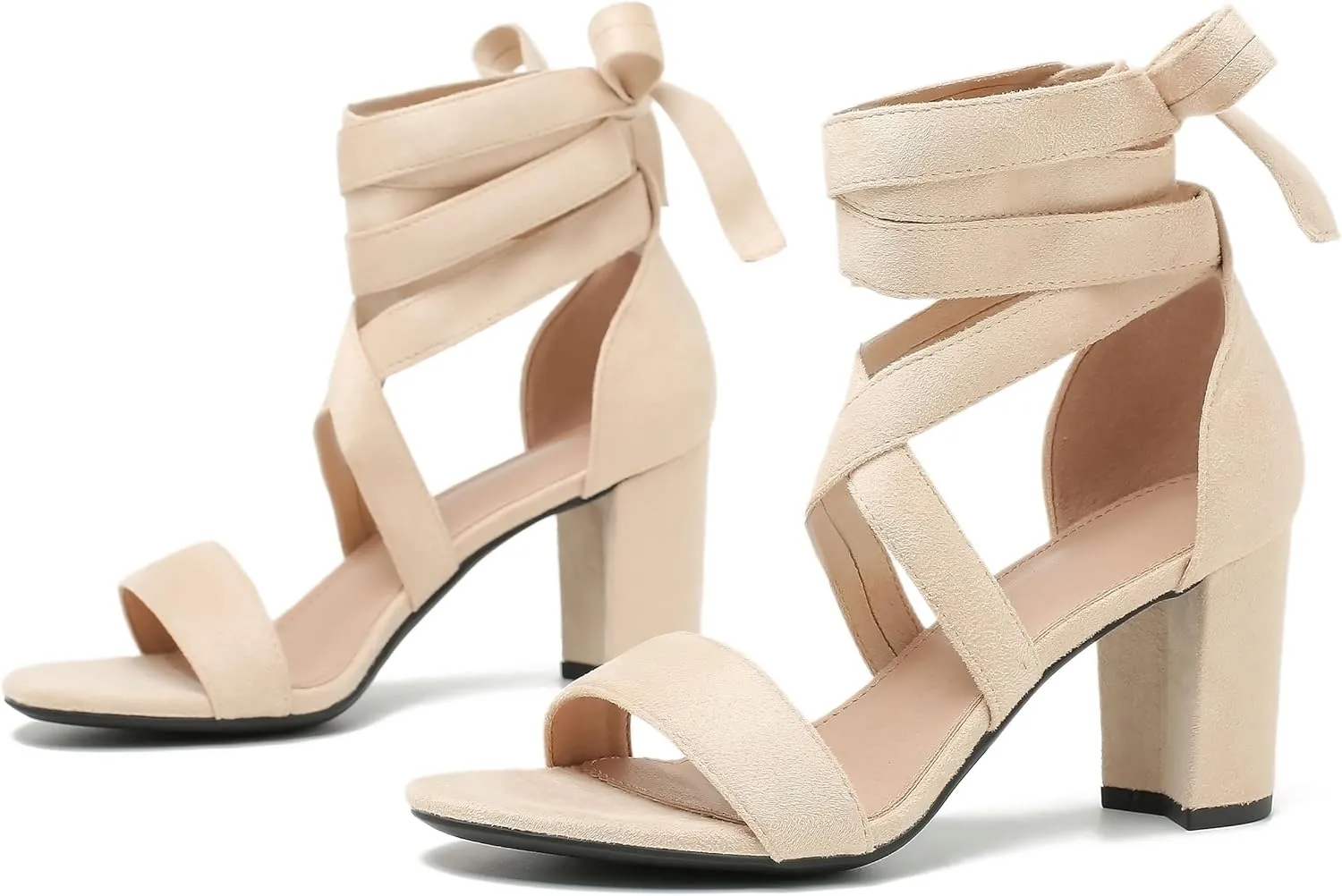fereshte Women's Strappy Heels Lace Up Heels 3 Inch Chunky Block High Heel Dress Sandals