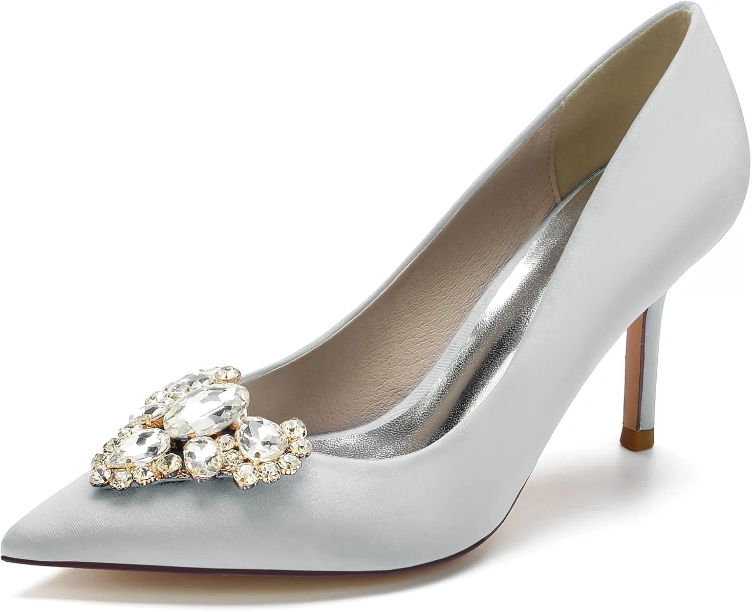 FufoneUS Women's Stiletto High Heel Dress Pumps Pointed Toe Bridal Wedding Evening Prom Shoes with Crystal,Silver,5