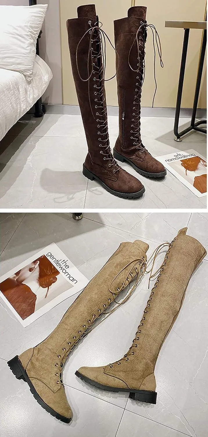 JITUUE Women Flat Over The Knee Round Toe Lace-up Long Leather Boots