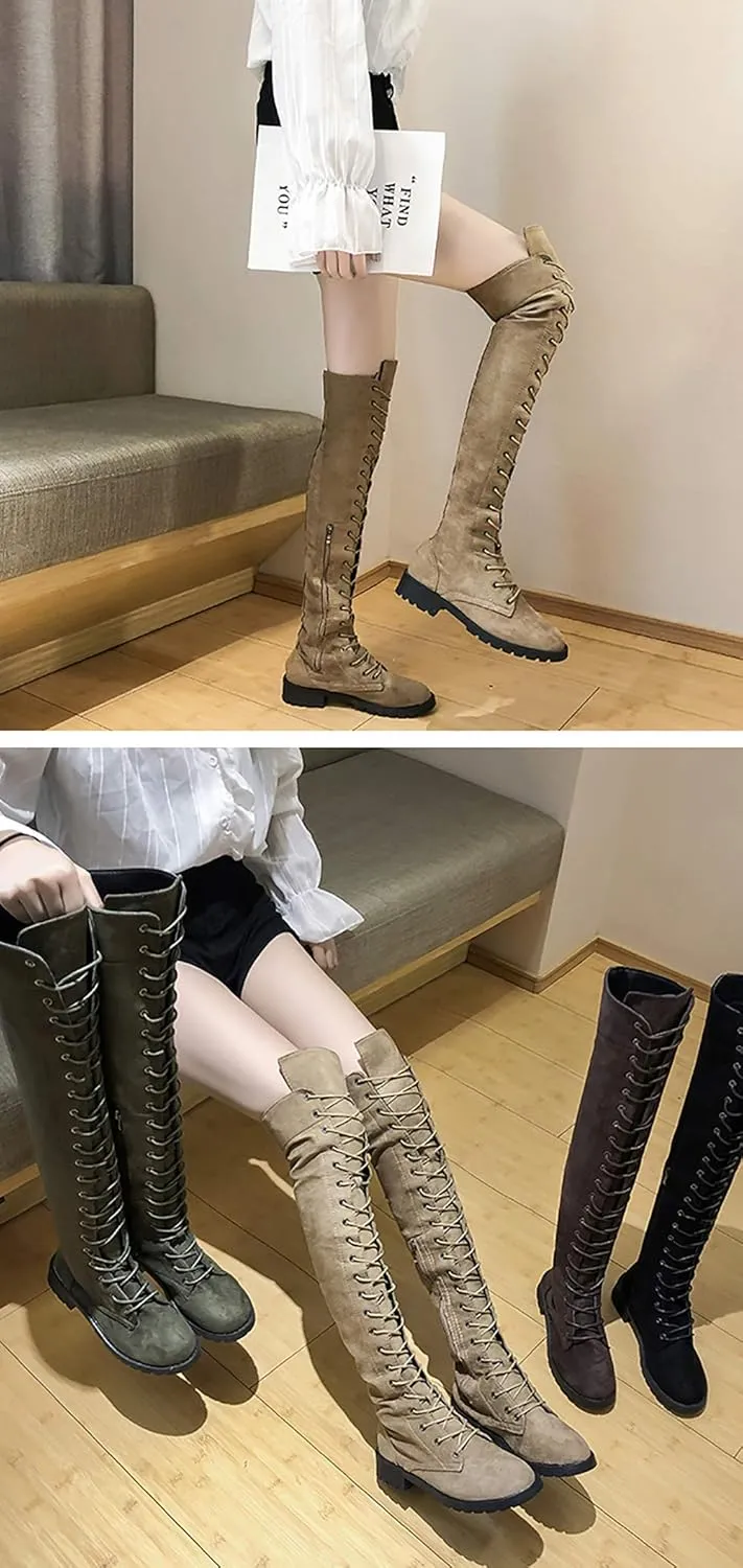 JITUUE Women Flat Over The Knee Round Toe Lace-up Long Leather Boots