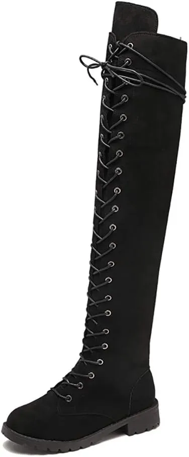 JITUUE Women Flat Over The Knee Round Toe Lace-up Long Leather Boots