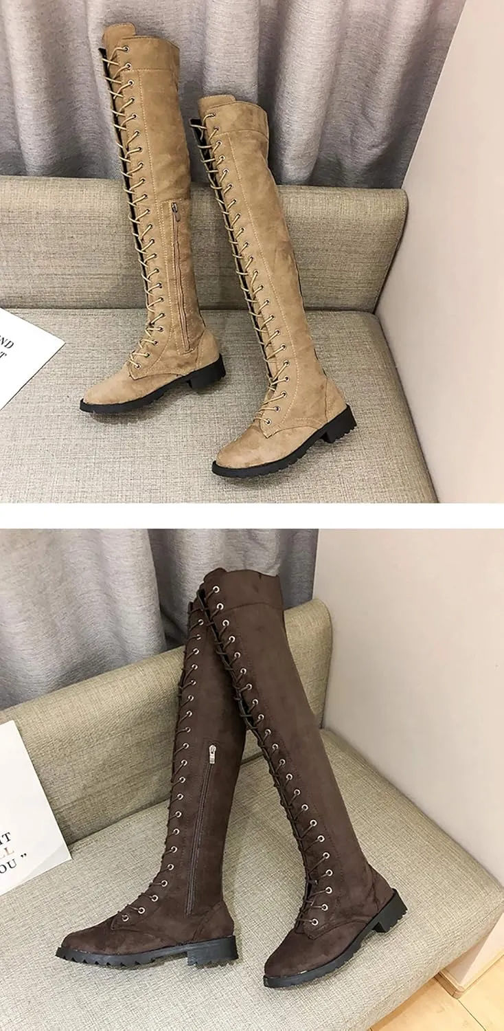 JITUUE Women Flat Over The Knee Round Toe Lace-up Long Leather Boots