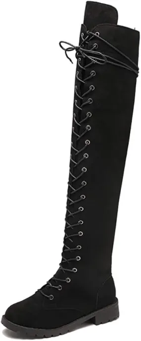 JITUUE Women Flat Over The Knee Round Toe Lace-up Long Leather Boots