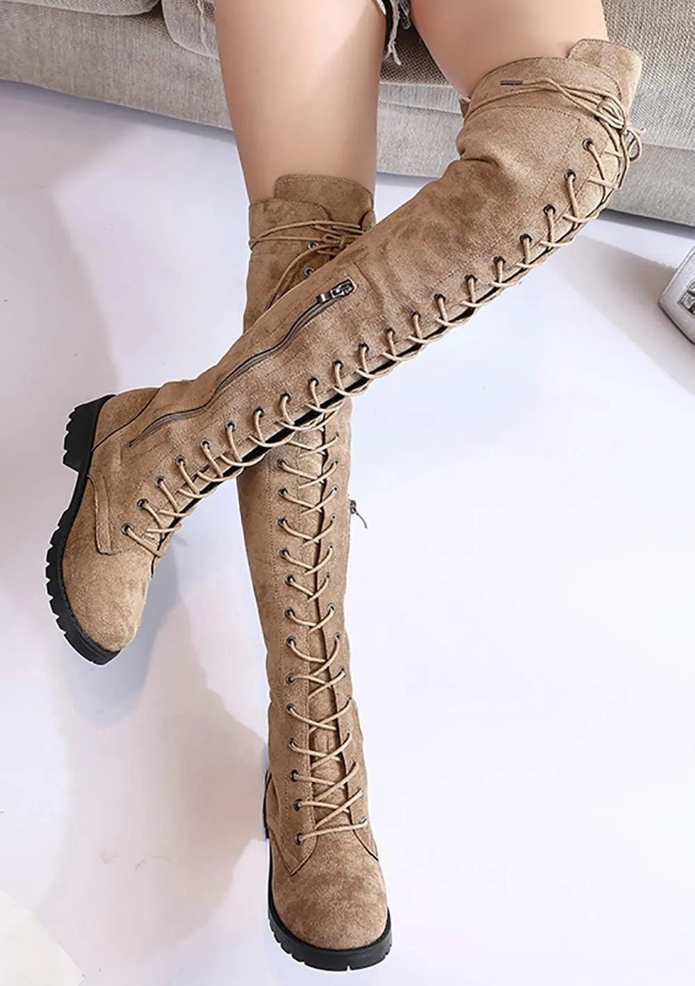 JITUUE Women Flat Over The Knee Round Toe Lace-up Long Leather Boots