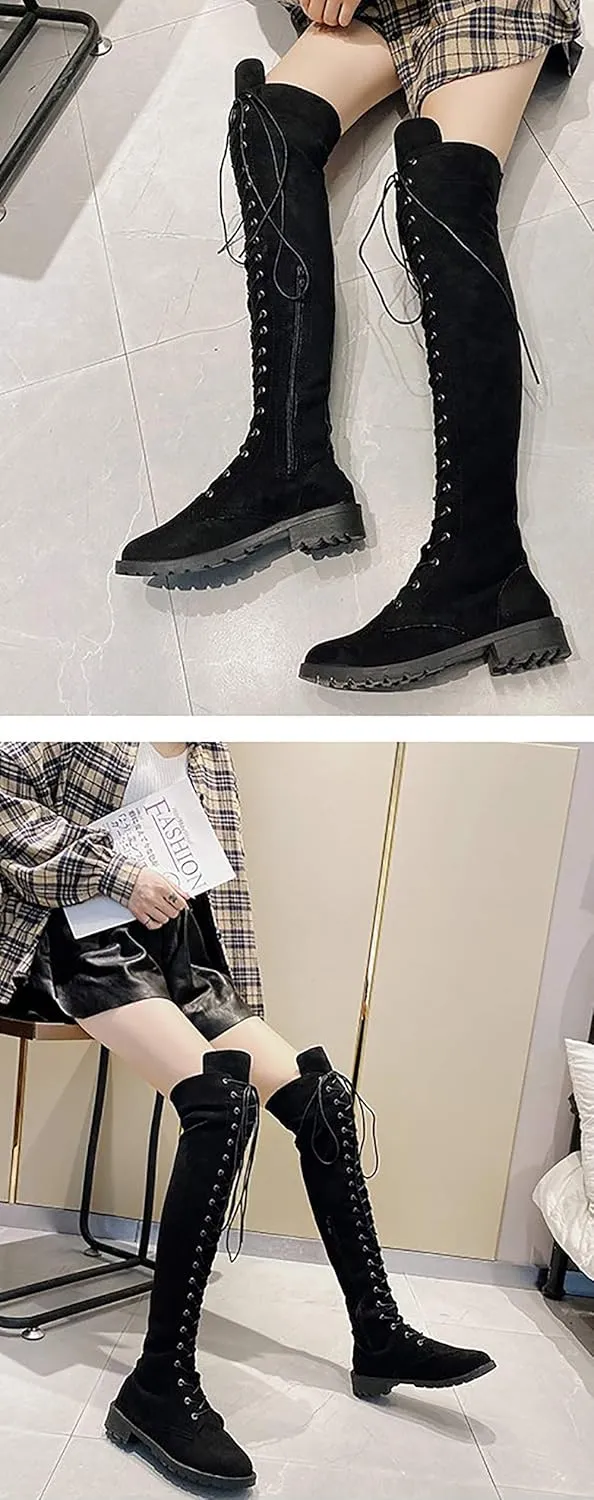 JITUUE Women Flat Over The Knee Round Toe Lace-up Long Leather Boots