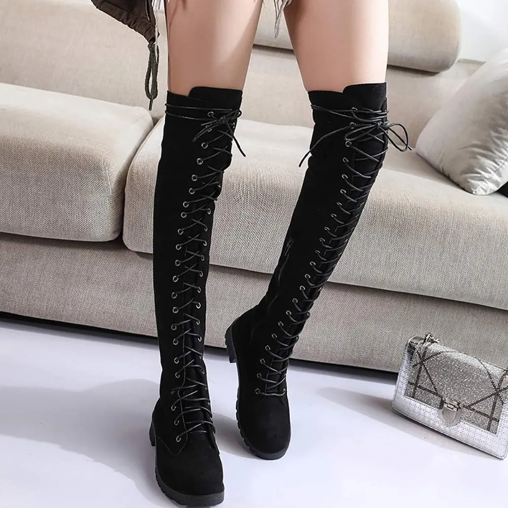 JITUUE Women Flat Over The Knee Round Toe Lace-up Long Leather Boots