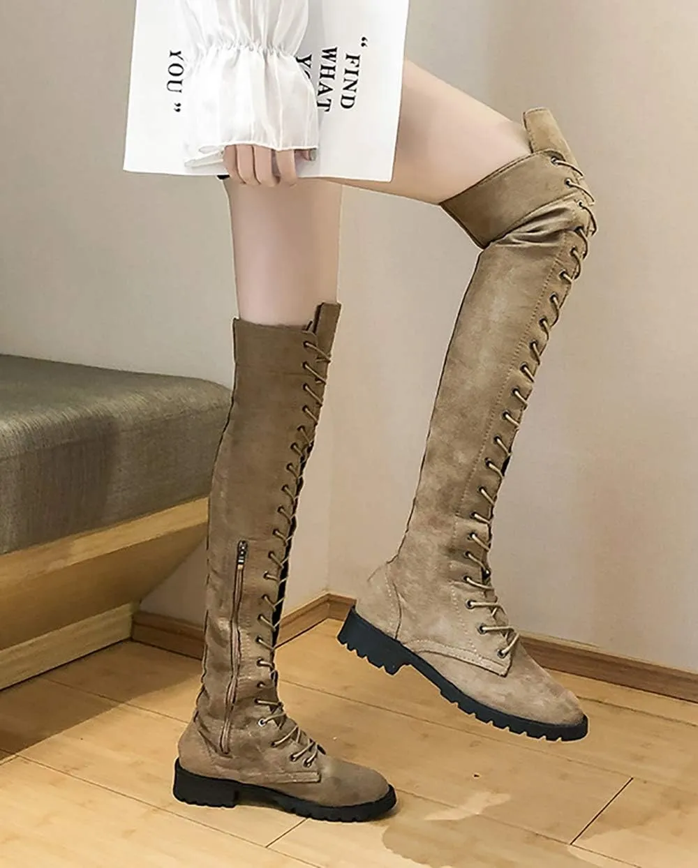JITUUE Women Flat Over The Knee Round Toe Lace-up Long Leather Boots